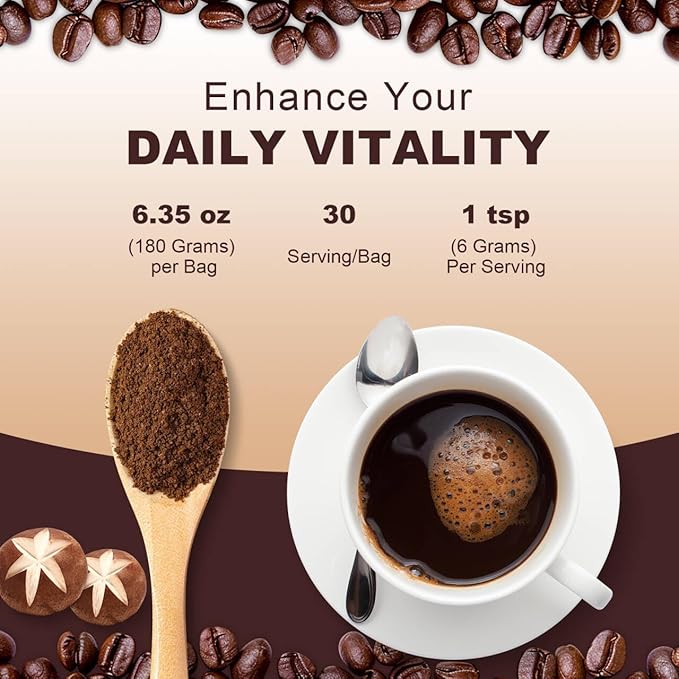 Mushroom Coffee,Instant Coffee with 6 Adaptogenic Mushrooms (Cordyceps, Lion’s Mane, Shiitake, Turkey Tail) for Better Energy, Focus, Positive Mood & Immune Support - 30 Servings