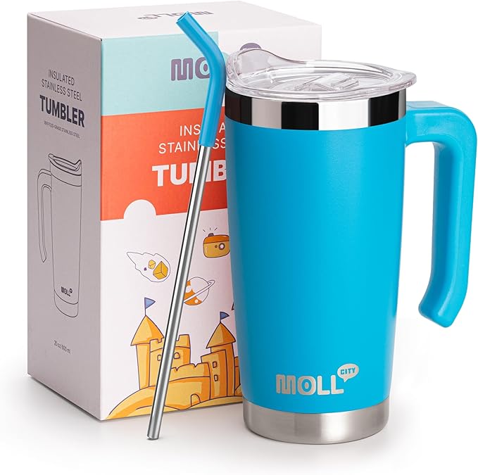 Kids Insulated Tumbler with Handle Stainless Steel Double Wall Vacuum Travel Coffee Mug with Lid and Straw 20 oz Tumbler Cups with Silicone Pad Non Slip (Sky Blue)
