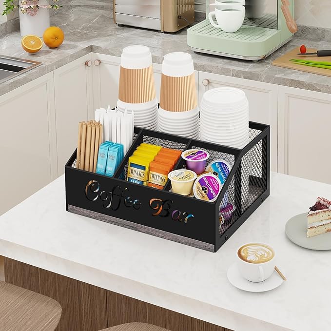 BCOZLUX Coffee Bar Organizer for Countertop, Wooden Counter Station Organizer with Metal Mesh Basket, Coffee Bar Accessories Decor for Pods Condiment Syrup Tea Sugar, Gray