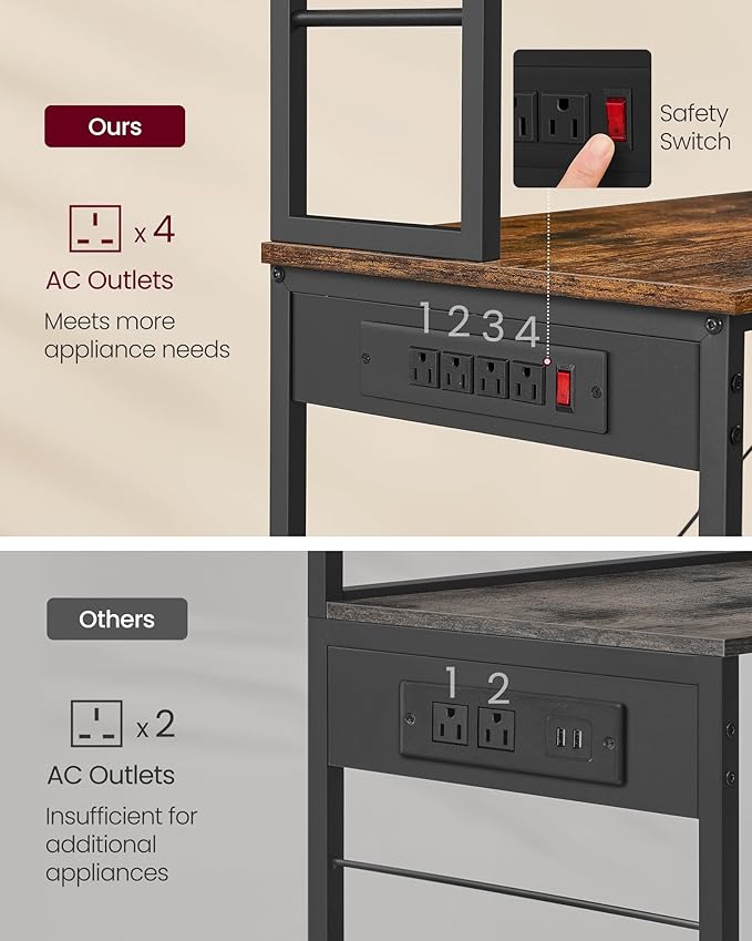 VASAGLE Bakers Rack with Power Outlet, 31.5 Inches Coffee Bar for Kitchen with Storage, 6-Tier Kitchen Shelves with 6 Hooks, Microwave Stand, Industrial, Rustic Brown and Ink Black UKKS119K01
