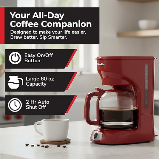 MUELLER HOME 12-Cup Red Coffee Maker - Perfect for Home or Office, Borosilicate Carafe, Auto-Off, Reusable Filter, Anti-Drip, Keep-Warm Function, Clear Water Level Window, Red Kitchen Accessories