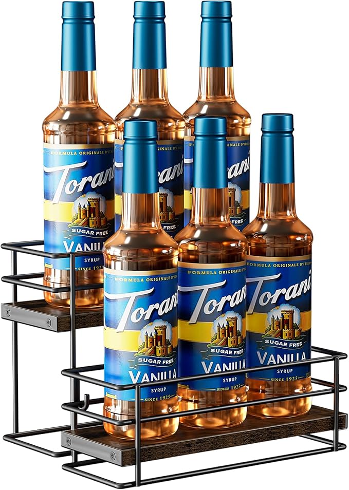 Nuovoware Coffee Syrup Organizer, 2-Tier 6 Bottles Bar Organizer, Separable Metal Rack with Wooden Base Whiskey Wine Dressing for Countertop Kitchen Coffee Bar, Black