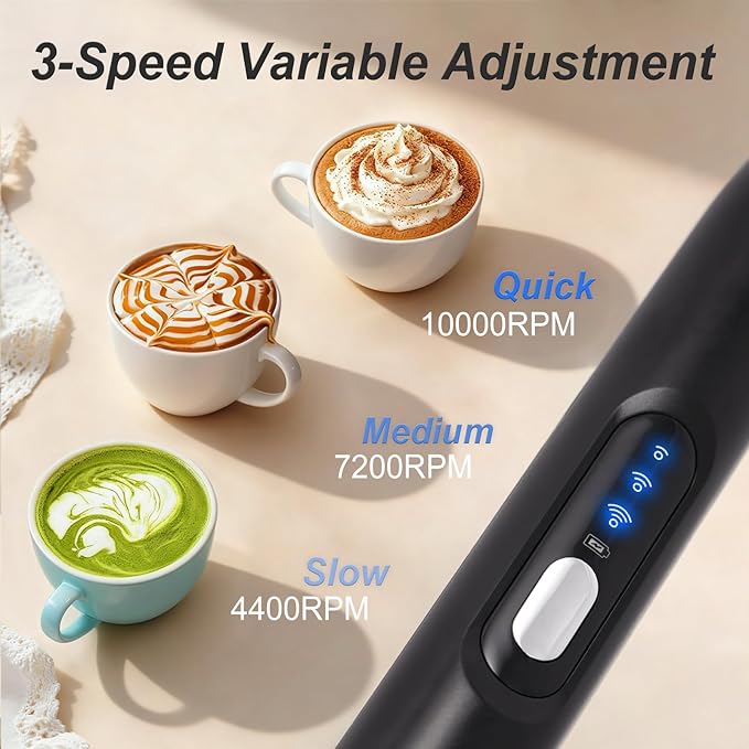 Handheld Milk Frother Wand for Coffee，Rechargeable Drink Mixer, 30dB Ultra Quiet with 3 Adjustable Speeds & 3 Whisks For Cappuccino, Hot Chocolate, Egg，Protein powder