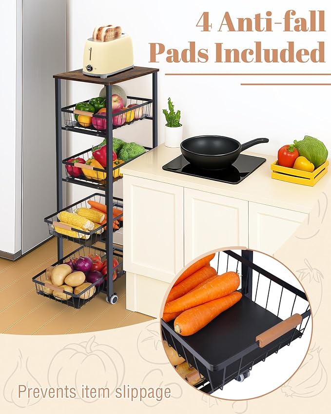 Mythinglogic 5-Tier Rolling Fruit Vegetable Storage Cart with Pull-Out Baskets, Metal Kitchen Organizer, Heavy Duty Utility Rack with Wheels for Pantry, Living Room, Kitchen