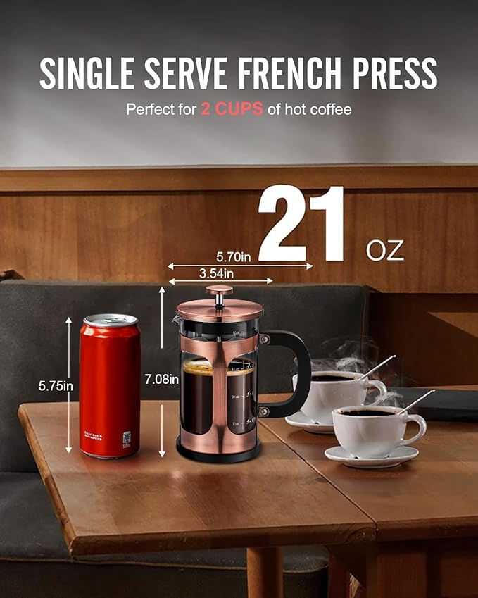 BAYKA French Press Coffee Tea Maker Small, Heat Resistant Thickened Borosilicate Glass Stainless Steel Single Serve Brewer, Cold Brew Cafetera Teapot, 21 Ounce 0.6 Liter,Copper