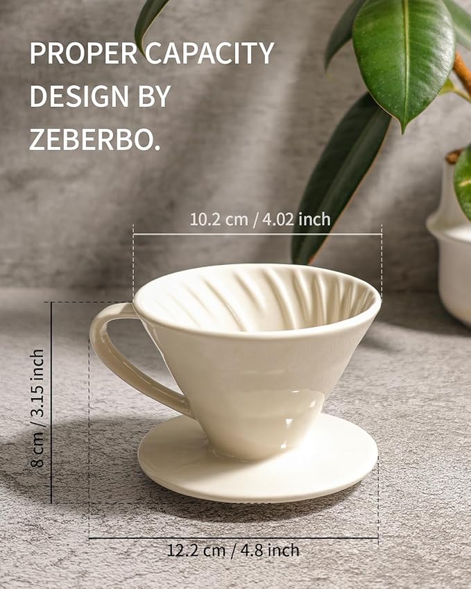 Pour Over Coffee Maker, Single Cup Ceramic Coffee Dripper, Reusable Filter Cone Drip Holder Slow Brewer with Hole Flat Bottom for Home, Office, Travel, Camping (White)