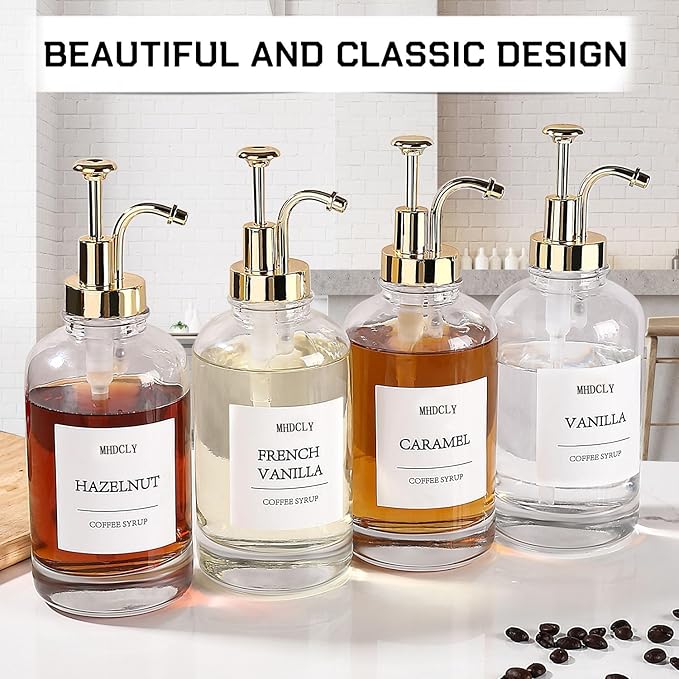 MHDCLY Coffee Bar Accessories, Coffee Syrup Dispenser - 4pack,16.9oz Syrup Dispenser with Labels,Syrup Pump Dispenser for Coffee Bar(Gold Pump)
