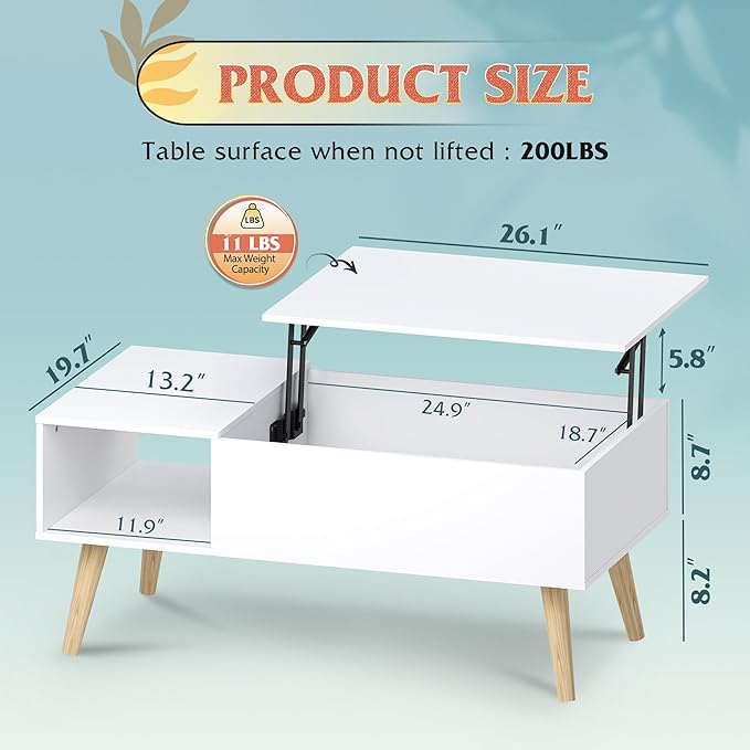 WLIVE Coffee Table for Living Room, Lift Top Coffee Table with Storage, Small Rising Wooden Dining Center Table with Storage Shelf & Hidden Compartment, 39" White