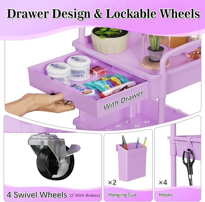 4 Tier Rolling Cart Organizer with Drawer, Bathroom Storage Carts with Wheels & Plastic Shelf, Mobile Storage Organizers for Kitchen, Office, Laundry Room, Baby, Snack, Craft, Makeup, Purple