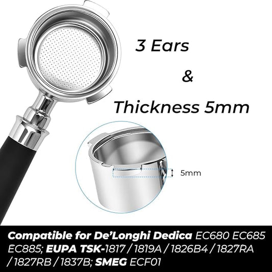 51mm Bottomless Portafilter 3 Ears Fits for Delonghi Dedica EC680/EC685/EC885 and SMEG, Includes Puck Screen, Double Shot Filter Basket