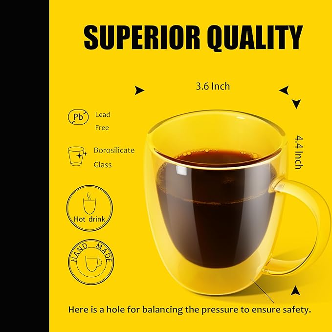 PunPun Coffee Cups Clear12.9OZ. 380ml Coffee Mugs, Espresso Cups,Double Wall Milk Cup with Big Handle,Perfect Mug for Hot Beverages, Latte, Cappuccinos Set of 2