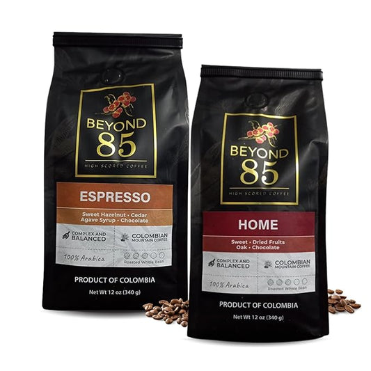 Beyond 85 Colombian Coffee Bundle – Espresso & Home Whole Bean Coffee (2 x 340g) – Bold Espresso & Smooth Roast – Ideal for Lattes, Drip, French Press & More