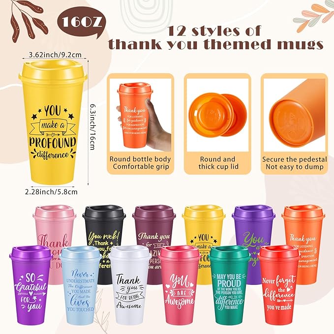 Skylety 48 Set/ 192 Pcs Employee Appreciation Gifts Bulk Thank You Inspirational Gift Set 16 oz Coffee Cups with Thank You Notebook Pen Keychain for Staff Team Teacher Coworker Friend (Classic Color)