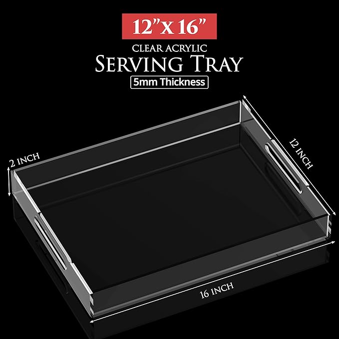 Acrylic Tray 16x12 with Cut Handles - Spill Proof Decorative Tray is an Ideal Countertop Organizer for Living Rooms, Ottoman Coffee Tables, Offices, Kitchens & Serving Guests
