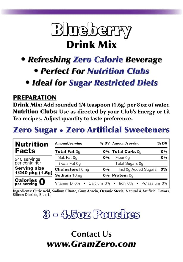 GramZero Blueberry Zero Calorie Sugar Free Drink Mix, Great For Nutrition Club Loaded Teas, Stevia Sweetened