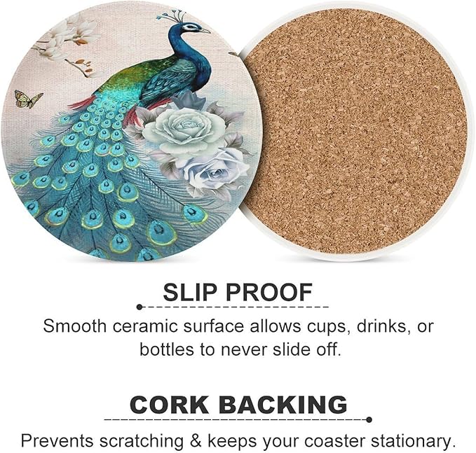 Round-4PCS Peacock Ceramic Coasters, Round Absorbent Drink Coasters, Vintage Tree Branch Beautiful Teal Peacock Floral Ceramic Table Coasters for Coffee, Beverage, Wine, Beer Coasters