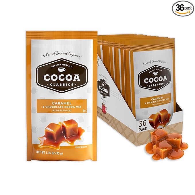 Cocoa Classics Caramel Cocoa Mix Hot Chocolate Made with Nonfat Milk Just Add Hot Water Make Hot or Iced Cocoa Gluten Free & Kosher Dairy Friendly 1.25oz Packets (Pack of 36)