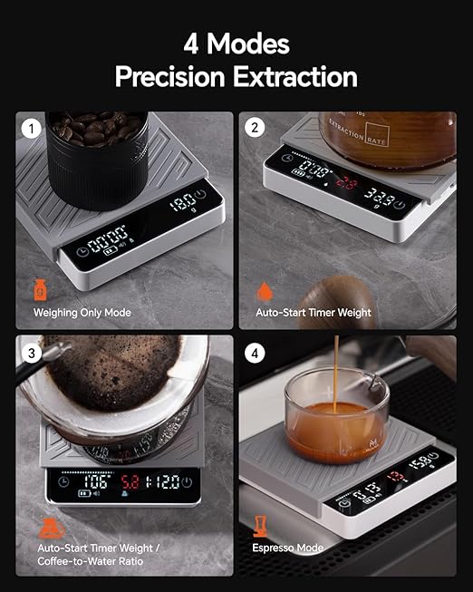 MUVNA Digital Coffee Scale with Timer - Mini Espresso Scale with Flow Rate Indicator & Brew Ratio, 4 Smart Modes Rechargeable 2kg/0.1g Precision Scale for Pour Over, Kitchen, Matcha, White