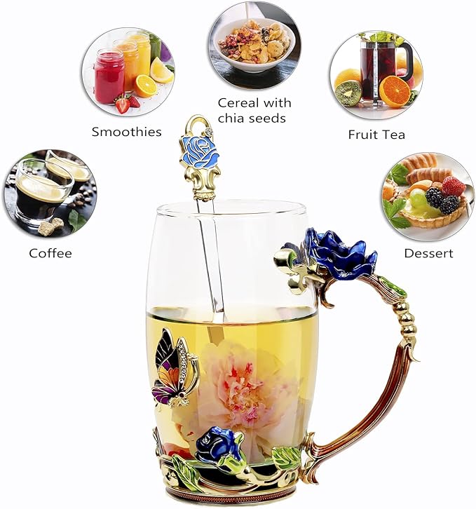 Tea Cup Glass Coffee Mugs,Fancy Tea Cup Set Birthday Christmas Valentine's Day Gift Idea for Tea Lover and Women Novelty Coffee Mugs Rose Flower Enamel Tea Cup Glass Mug with Spoon Set