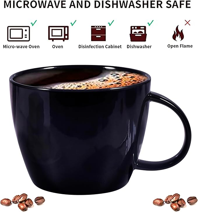 Large Coffee Cup, Ceramic Black Coffee Mug, Wide Mouth Tea Cup Soup Bowl Mug with Handle