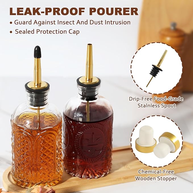 Coffee Syrup Dispenser for Coffee Bar, 4 Pack Glass Syrup Dispensers Bottles with Bamboo Tray, 7 Fl Oz Small Maple Syrup Container with Golden Spoon, Vintage Oil Dispenser for Kitchen