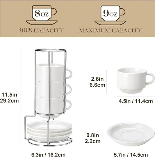 MALACASA 8 OZ Porcelain Espresso Cups with Saucers and Metal Stand Set of 4, Stackable Cappuccino Cups, White Expresso Shots Cup Set for Coffee Drinks, Latte, Tea
