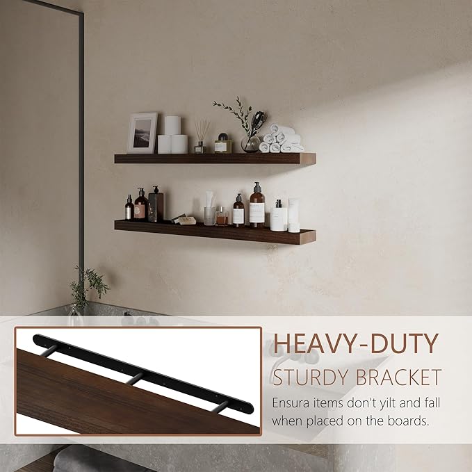 36 inch Walnut Bathroom Shelves,Long Floating Shelves for Wall,Solid Wood Long Shelves Set of 2,Kitchen Wall Mounted Shelf (Walnut, 36 Inch)
