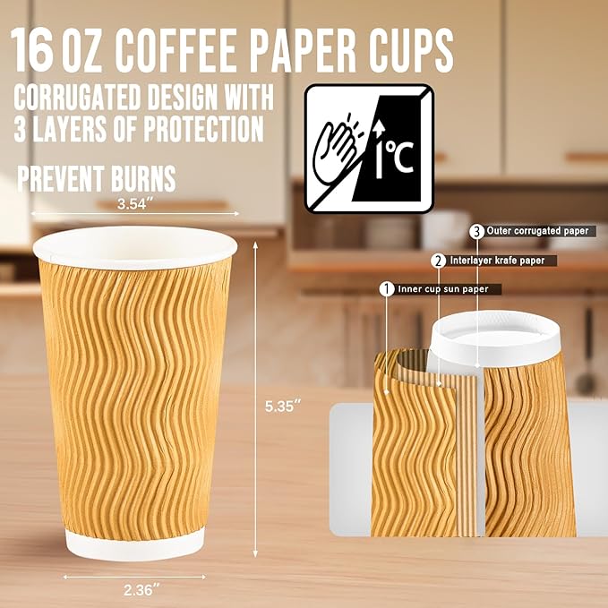 BYSNOW 90 Pack 16 oz Disposable Coffee Cups, Insulated Ripple Wall Paper Coffee Cups 16oz, To Go Cup for Espresso, Hot Beverage Drinks (No Lids)