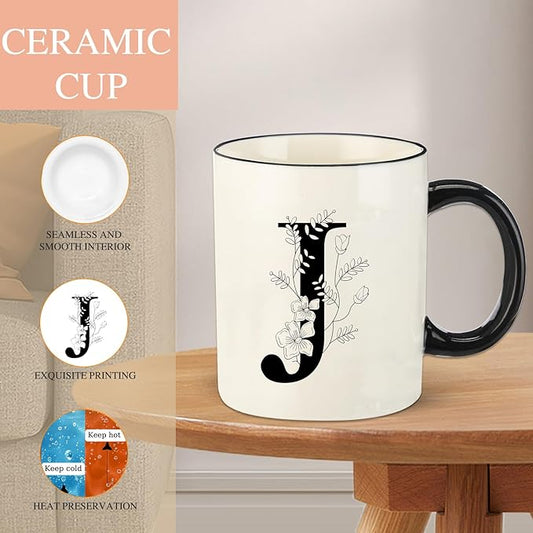 Monogram Ceramic Coffee Mugs, 11 oz Initial Drinking Cup with Gift Box, Unique Birthday Christmas Gifts for Women Wife Mothers Day Grandma Mom Aunt, J