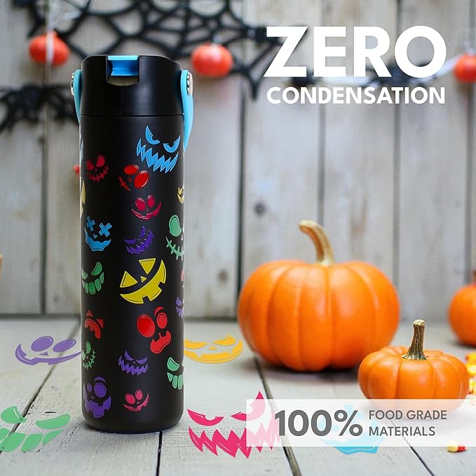 Elemental 24oz Insulated Water Bottle with Straw - 100% Leak-Proof Stainless Steel Core Water Bottles for Travel, Sports and Gym - Double Wall Insulation & BPA Free - Pumpkin Grins