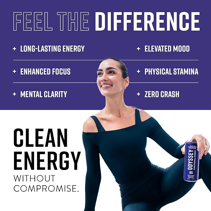 Odyssey Functional Energy Drink for Focus, Cognition & Mood Support 12 Pack - Adaptogenic Drink with 85mg Green Tea Caffeine, Lions Mane, Cordyceps, L-Theanine & Ginseng, Sparkling Blackberry Lemonade