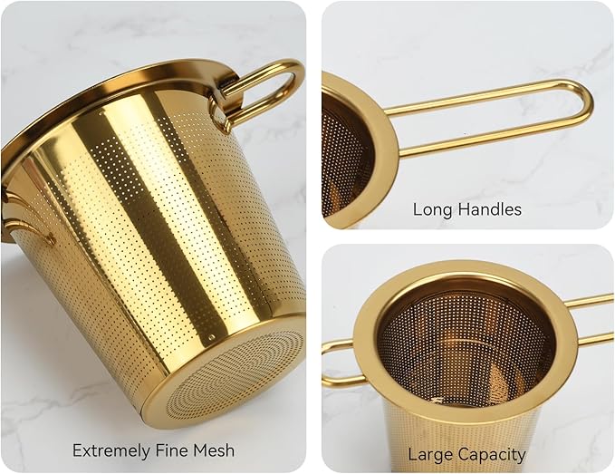 2pcs Tea Infuser, Stainless Steel Tea Strainer Fine Mesh Tea Diffuser with Double Long Handles Loose Leaf Tea Steeper for Mugs Cups Teapots (Gold)