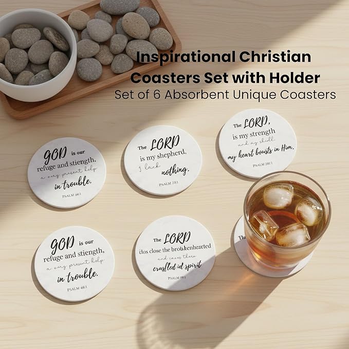Christian Coasters Set of 6 with Holder– Ceramic Absorbent Drink Coasters for Coffee Table Desk, Modern Cute Moisture Absorbing Coasters, Christian Gifts Alternative to Cork, Silicone or Glass Coaster