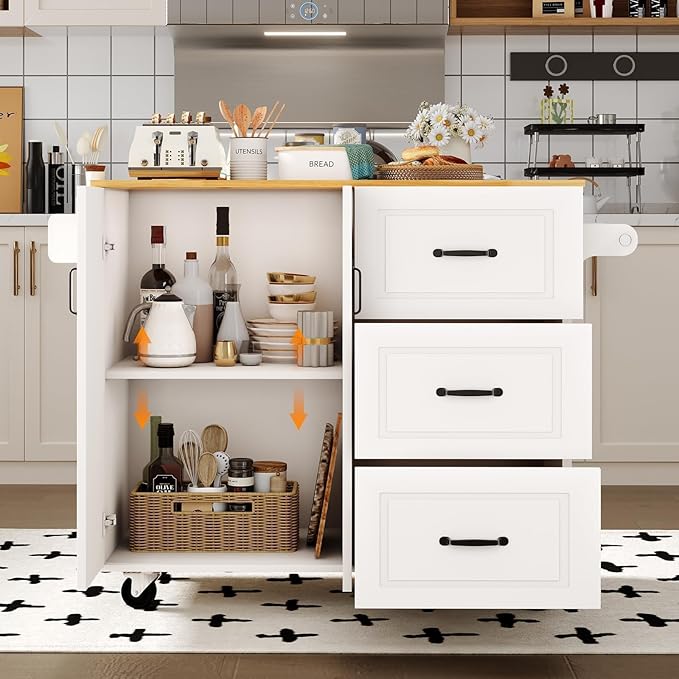 4 EVER WINNER Kitchen Island with Storage on Wheels, Rolling Kitchen Island with Spice Rack & Towel Rack, Portable Island Table for Kitchen, White