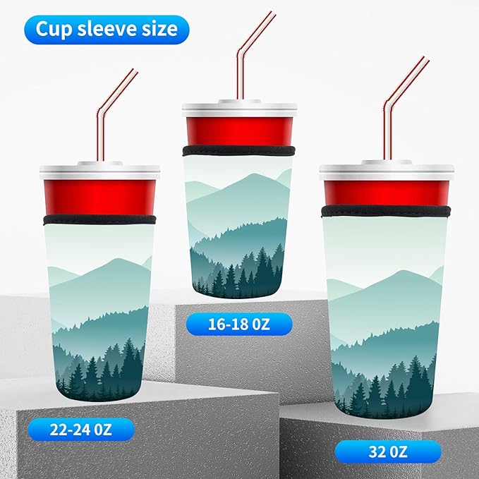 3 Pack Reusable Neoprene Insulator Sleeve for Iced Coffee Cups, Funny Coffee Cup Sleeves for 16-32oz Coffee cups, Cute Drink Sleeve for Cold Hot Beverages Cute Green Mountain