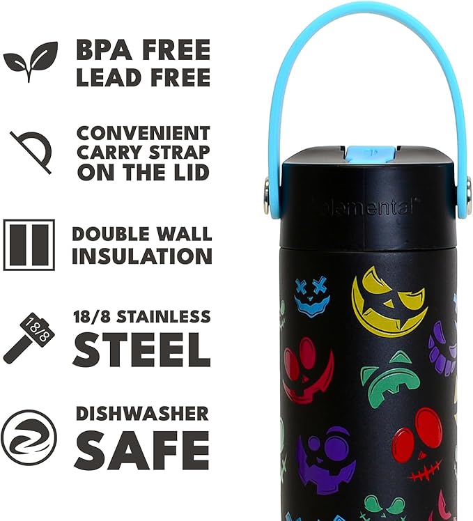 Elemental 24oz Insulated Water Bottle with Straw - 100% Leak-Proof Stainless Steel Core Water Bottles for Travel, Sports and Gym - Double Wall Insulation & BPA Free - Pumpkin Grins
