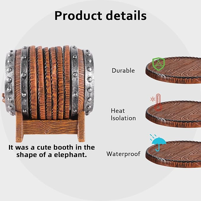 Whiskey Barrel Coasters Set 6 Full Size Non-Slip Cabin Decor Bar Coasters, Indoor Christmas Decorations, Man Cave Gifts for Men and Whiskey Lovers, Rustic Handmade Cup Coaster for The Home
