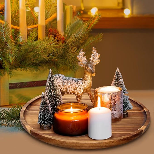 Acacia Round Wood Tray Decorative Serving Trays for Ottoman Coffee Table Candle Holder Tray Kitchen Counter Island Accents Home Decor Circle Circular Wood Centerpiece Trays for Dining Room Table