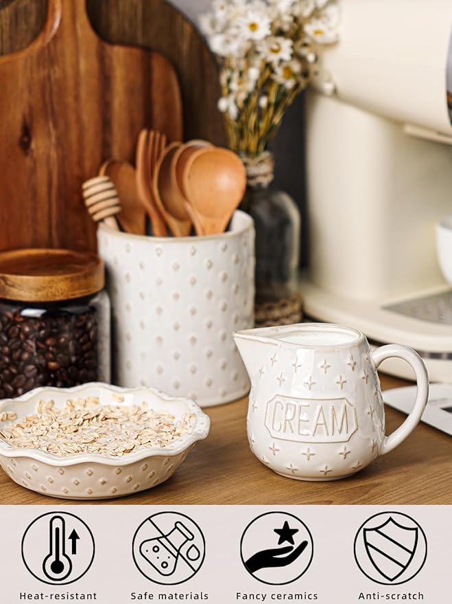 Creamer Pitcher,10 OZ Ceramic Creamer Pitcher with Handle for Milk, Sauces, Salad, Coffee, Farmhouse Kitchen Decor, Microwave & Freezer Safe (Vintage White)
