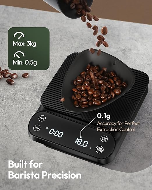 Maestri House S3 Coffee Scale with Timer, 3kg/0.1g Rechargeable Digital Scale, 3 Brew Modes, Adjustable Ratios & Flow Rate Display, Barista-Grade for Pour-Over, Espresso, French Press – Black