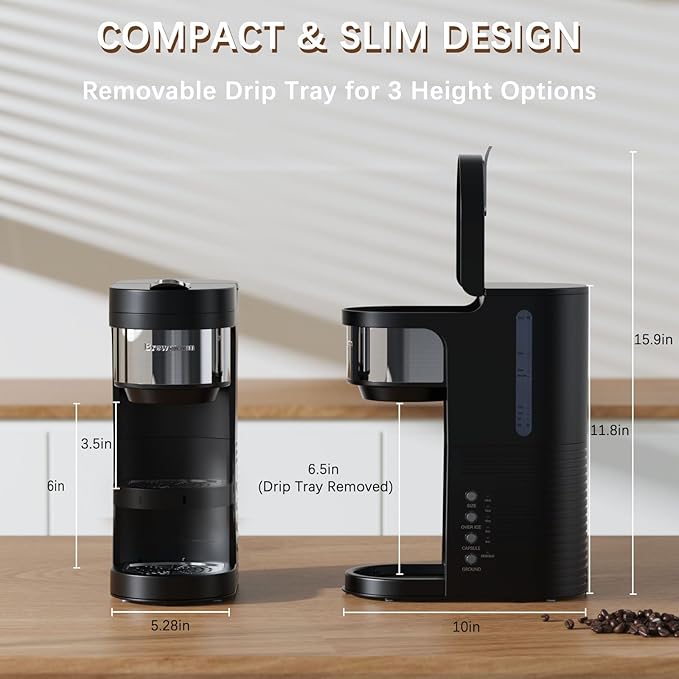 Brewmann Single Serve Hot & Iced Coffee Maker, for K Cup Pod and Grounds, 6 to 24oz Brew Size, Slim Compact for Small Spaces, Descaling Reminder, with Reusable Filters, Black