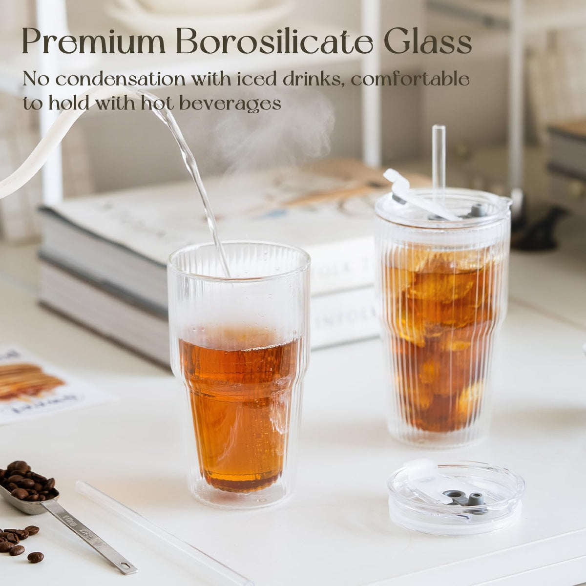 KEMORELA 16 oz Double-Wall Glass Tumblers with Lids & Straws, Set of 2