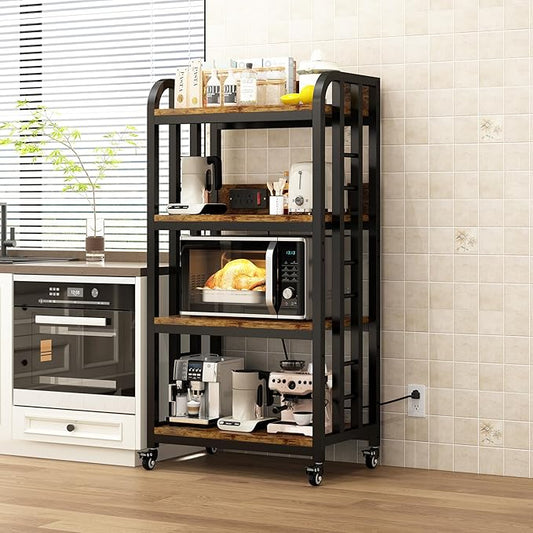 4-Tier Kitchen Bakers Rack with Power Outlet and Rolling Wheels, Microwave Stand with Storage, Adjustable Kitchen Shelves Freestadning, Coffee Bar Station, Bakers Rack for Spices, Pots and Pans, Brown