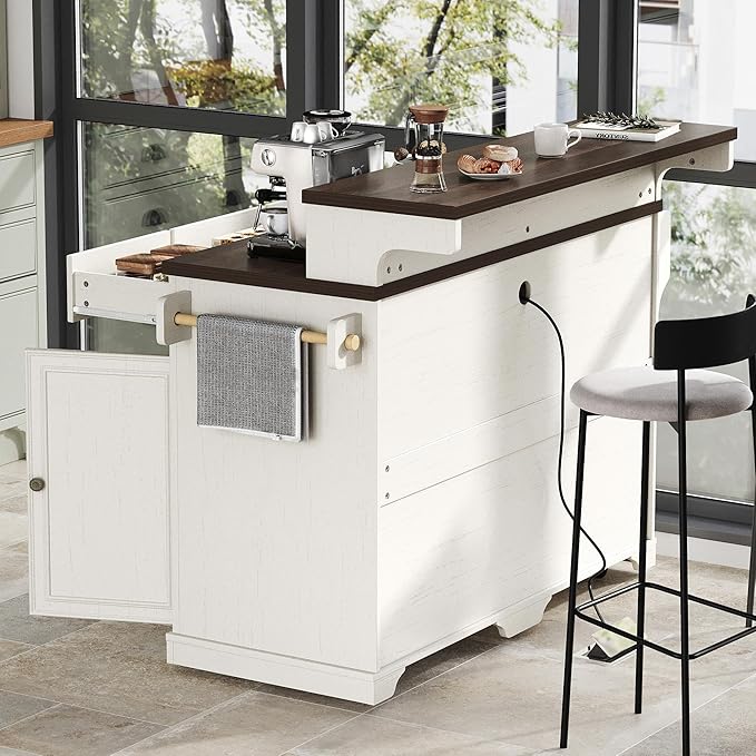 Rolling Kitchen Island with Two-Tier Bar Counter and Power Outlets, 3 Drawers & 4 Door Shelves, Mobile Kitchen Cart with Storage Cabinets & Locking Wheels for Dining Room & Kitchen, 53-Inch, White