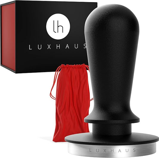 LuxHaus Calibrated Level Tamper for Espresso Machine with Spring Loaded 100% Flat Stainless Steel Base (58mm)