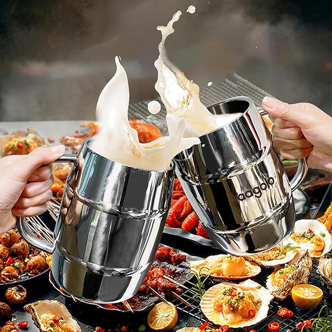 Insulated Beer Stein, 32oz Stainless Steel Double Walled Beer Mug Giant Bar Drinkware Metal Beer Cup with Big Grip Handle (32oz 1pack)