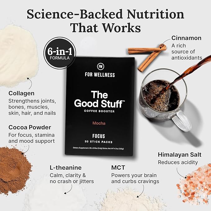 For Wellness The Good Stuff Focus | Healthy Mocha Coffee Creamer Powder with Collagen, MCT Oil & L-Theanine | Keto Non-Dairy Coffee Booster for Focus & Energy | 30 Servings
