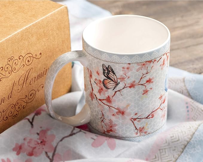 Maison d' Hermine Coffee Mug with Handles Fine Bone China Mugs Pack of Two Tea Cups for Hot Beverages Cappuccino Latte Home Restaurant Office Perfect for Gift (Blossoms In Spring, 12 Ounce)