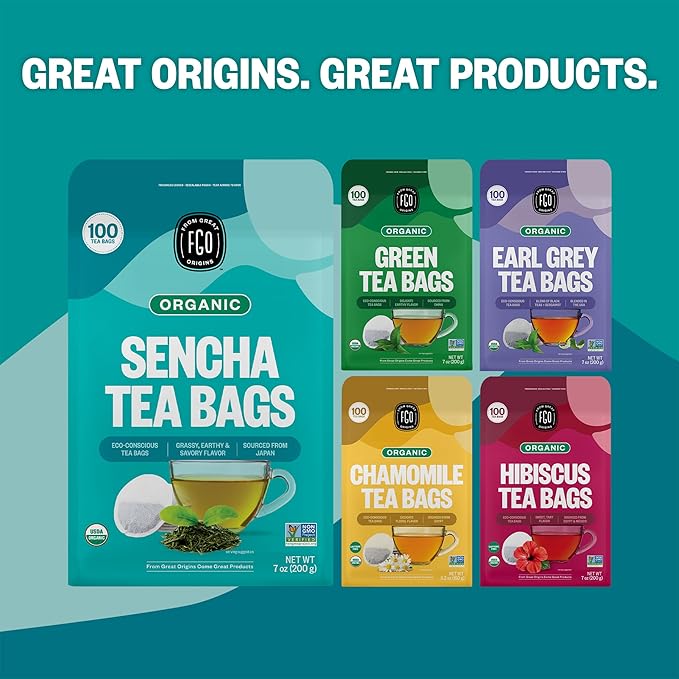 FGO Organic Sencha Green Tea, 100 Count, Eco-Conscious Tea Bags, Resealable Bag, Sourced From Japan, Packaging May Vary (Pack of 1)