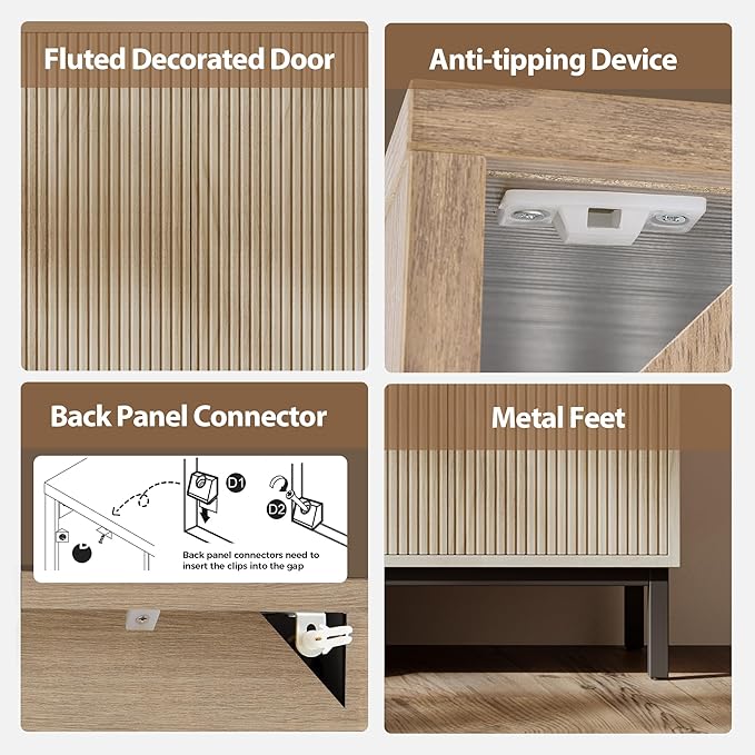Mericonia Farmhouse Buffet Sideboard Cabinet with Storage, Fluted Coffee Bar with Doors and Adjustable Shelves, Modern Wood Console Cabinet for Kitchen, Livingroom (Fluted 4 Door, Oak)
